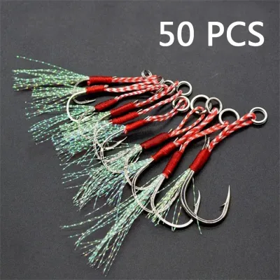 10pcs/Lot Slow Jigging Fishing Cast Jigs Assist Hook Barbed Single Jig Hooks Thread Feather Pesca High Carbon Steel Fishing Lure