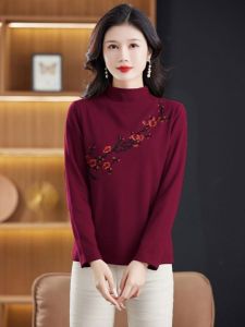 เสื้อเชิ้ตคอปกสูงปานกลางผู้หญิงแขนยาวทรงสลิมฟิต อบอุ่น เสื้อชั้นในลายดอกไม้ แฟชั่นฤดูใบไม้ร่วง/ฤดูหนาว