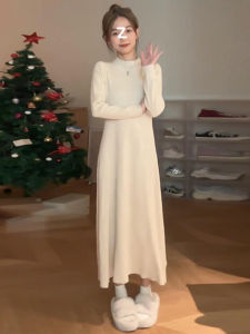 plus Size Knitted Dress Womens Spring Autumn Slimming Stylish French Elegant Inner Wear Long Dress Half High Collar Sweet Style