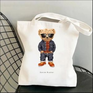 Harajuku Cute Bear Art Shoulder Bags Kawaii Fashion Tote Handbag Canvas Girl Environmental Large Capacity Portable Shopping Bag