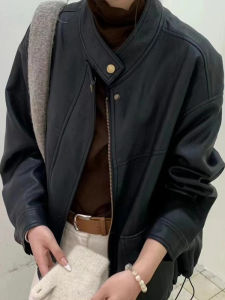 Áo Khoác Da Nữ Phong Cách Hàn Quốc Thời Trang Xuân 2025 Áo Khoác Xe Máy Cổ Đứng Có Dây Rút Dáng Rộng Chất Liệu Khác