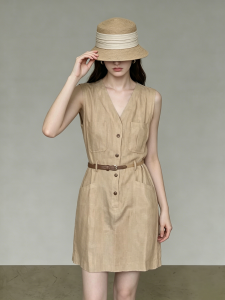 GULILI | French Khaki V-Neck Sleeveless Fitted Short Dress