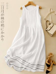 Artsy Cotton Linen White Casual Vest Skirt for Women Summer Embroidered Sleeveless Mididress Loose Waist Crewneck Pullover