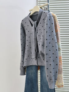 MANMI | Korean Polka Dot Knitted Cardigan Gray Belted Versatile