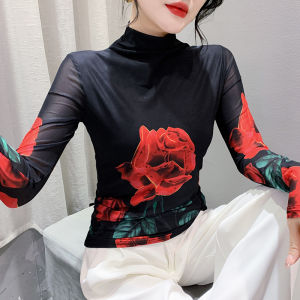 Yimei khí lưới ủng hộ Áo sơ mi 2023 phụ nữ của T-Shirt thanh lịch nửa cổ cao ôm vừa dài tay Mùa Thu vẻ đẹp in hoài cổ Top