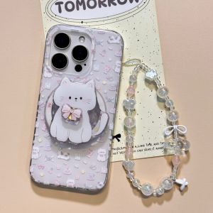Korean Japanese Style Cherry Cat Magnetic Absorption Phone Case Full Screen Dessert Design Compatible with Apple iPhone Models