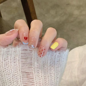 Colorful Heart Shaped Nail Tips Wearable False Nails Detachable Cute Sweet White Enhancing Bare Pink Girls Nail Art Accessories