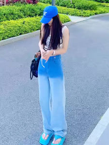 Korean Style Slim Fit Fashionable Design Summer New High Waist Weight Loss Straight Gradient Color Versatile Wide Leg Jeans Women
