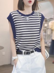 Summer New Womens Loose Fit round Neck Ice Silk Knitted Top Small Flying Sleeve T-Shirt Dyed Gradient Color Block Style
