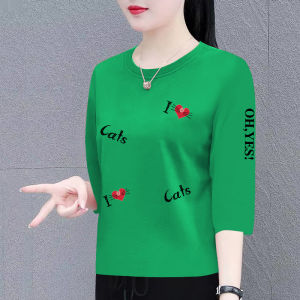 เสื้อยืด ผ้าฝ้าย ผู้หญิง บริสุทธิ์ ฤดูร้อน ใหม่เกาหลี หลวม พรางหุ่น แขนสามส่วน คอกลม ลำลอง อินเทรนด์ เสื้อท่อนบน