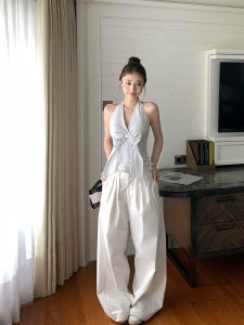 Quần Ống Rộng Cạp Cao Màu Trắng Cho Nữ Mùa Hè 2025 Quần Dài Đến Sàn Phong Cách Lười Biếng Cho Dáng Người Quả Lê