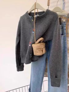 Gray Bear Fur Sweater Womens Short Knitted Cardigan Spring Autumn New Style Loose Fit Soft Versatile Korean Commute Style Long Sleeve