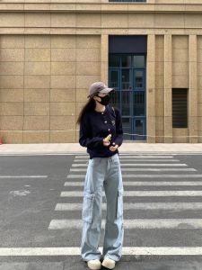 Quần Ống Rộng Cạp Cao Dài Thường Ngày Cho Nữ Mùa Thu Quần Jeans Denim Rộng Rãi Thoải Mái Quần Áo Bảo Hộ Lao Động