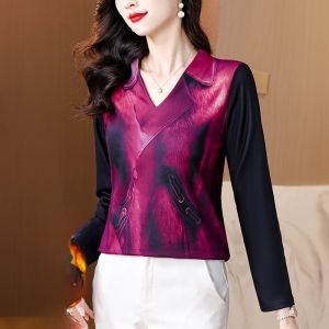 MAIMEI | Fleece Lined Slim Fit Thermal T-Shirt For Middle-Aged Mothers Winter Thickened Long Sleeve V-Neck Printed Korean Style Top