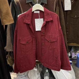 แจ็คเก็ตยีนส์สีแดงเข้มสไตล์ย้อนยุคขนาดใหญ่ 300 ปอนด์ สำหรับผู้ชายและผู้หญิง ฤดูใบไม้ร่วง/ฤดูหนาว เสื้อแจ็คเก็ตแบบมีปกสำหรับใส่ทำงาน
