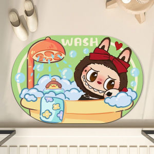 Labubu Bathroom Absorbent Silicon Dendroid Mat Toilet Entrance Anti-slip Quick Dry Foot Pad Home Decorative Oval Shaped Mat