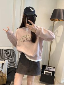 Korean Style round Neck Short Sleeve Womens Sweatshirt Printed Letter Bead Embellished Top Trendy Fake Two-Piece Design Cotton Blend