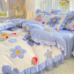 ชุดเครื่องนอนผ้าฝ้ายแท้สไตล์เกาหลี: ปลอกผ้านวมกระโปรงเตียงและผ้าปูที่นอนพร้อมลายดอกไม้พืชเพื่อความสะดวกสบายและเก็บความร้อนคุณภาพเยี่ยม