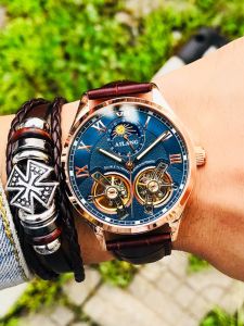 Elong Mens Watch Dual Escapement Automatic Waterproof Night Light Business Simple Mechanical Wristwatch Fashionable round Dial