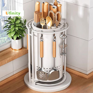 Lifinity Knife Holder Storage Rack 360° Rotating Kitchen Racks Organizer Spatula Chopsticks Storage Rack With Hooks