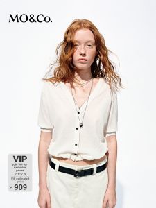 MO&Co. | French Style V-Neck Puffed Sleeves Knit Cardigan Light and Breathable Cotton-Linen