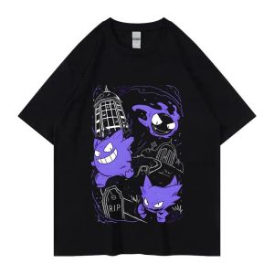 Bandai | Pok É Mon Pocket Monsters Geng Gui Same Style Printed Short Sleeved T-shirt for Men and Women Trendy Cartoon Loose