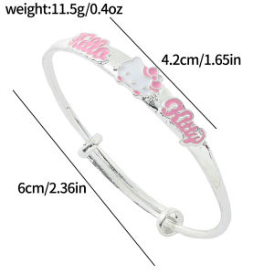 Sanrio | Cute Hello Kitty Slider Bangle Zinc Alloy with Pink Enamel Text & Kitty Head Silver Tone Adjustable Wristband