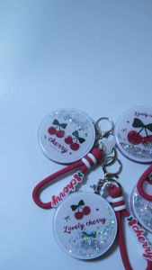 LUNI Cherry themed compact mirror keychain with glitter and bows bag accessories
