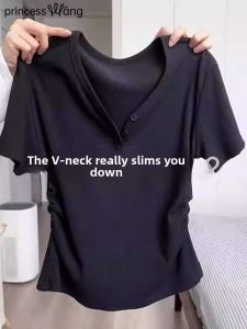 WANGGONGZHU | Princess Style Korean Straight Cut Short Sleeve T-Shirt Womens Summer Slim Fit V-Neck Top Fashionable Plus Size Cover Belly
