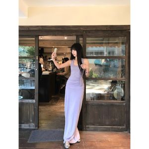 Unique Beautiful Purple Sleeveless Halter Neck Long Dress Womens Summer New Style Sweet And Spicy Style Polyester Fabric