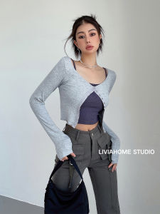เสื้อสเวตเตอร์ถักแขนยาวทรงสลิมฟิต Liviahome เสื้อเชิ้ตแขนยาวสองชิ้นสำหรับผู้หญิงในฤดูใบไม้ร่วง เสื้อคลุมกันหนาวแบบสวมหัว