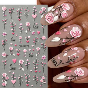 1Pcs 5D Embossed Pink Rose Nail Stickers Love-Heart Self-adhesive Nails Decals for Women Girl DIY Wedding Dating Manicure Slider