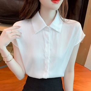 Elegant White Chiffon Shirt Womens Short Sleeve Summer Fashionable Business Casual Thin Style Commute Office Wear Top