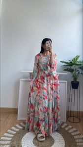 Desain Gaun Moda: 12518 Gaun Dress Maxi Wanita Asymmetric Motif Bunga Floral Zendaya Chiffon Import 01