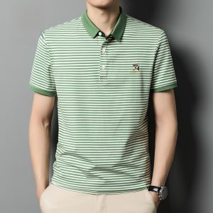 ROMON | Lomond Mens Short Sleeve T-Shirt Summer Thin Loose Business Casual Ice Silk Stripe Dads Polo Shirt With Collar Fashionable Urban Style