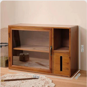 Viral Wooden Tea Set Desktop Storage Box with Tissue Box Retro Double Layer Cup Dustproof Cabinet Rectangular Shaped Handmade