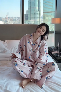 Korean Casual Plus Size Womens Soft Cotton Kitty Printed Pajama Set -Breathable Wearable Loungewear