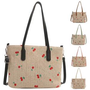 Dung tích lớn anh đào rơm Túi tote dệt Satchel giản dị của phụ nữ để du lịch ngoài trời và mua sắm