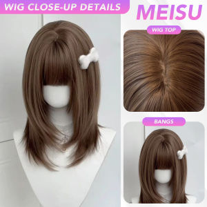 MEISU 18 Inch BOBO Bangs Wig Brown Synthetic Straight Layered Wigs Fiber Heat-resistant Party or Selfie Cosplay For Women