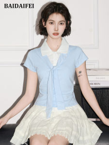 Áo Thun Polo Tay Ngắn Màu Xanh Lam Mùa Hè Ôm Vừa Vặn Áo Thun Tay Lửng Giả Hai Mảnh Áo Khoác Vai Cho Nữ