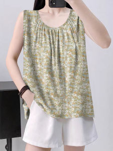 Áo Ba Lỗ Xếp Ly in Hoa Dáng Rộng Mùa Hè Cho Nữ Áo Sơ Mi Cơ Bản Không Tay Áo Khoác Ngoài Áo Ba Lỗ Họa Tiết Hoa Che Bụng