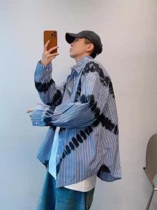 Extra Large 300 Pounds Hong Kong Style Striped Long Sleeve Shirt Mens Loose Casual Shirt Spring Autumn Trendy Brand Color Block