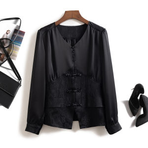 Elegant Chinese Style Long Sleeve Shirt Womens Slim Fit Button up Top V Neck Splice Design Fashionable Office Wear