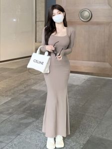 French Elegant Light Luxury Wrap around Fish Tail Skirt Womens Winter Inner Match Coat Square Collar Waist in Knitted Long Dress