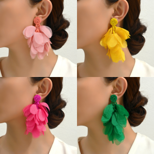 Bohemian Summer Jewelry Beads Fabric Flower Petal Large Earrings for Women Party Stage Beach Vacation Accessories