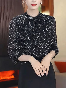 QINGNAER | Stylish Maternity Long Sleeve Shirt Summer 2025 Large Size Black Polka Dot Sash