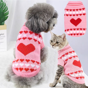 Small Dog and Cat Valentines Sweater Heart Pattern Dog Clothes Pullover Turtleneck Holiday Pet Apparel Pink