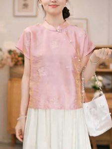 QINGNAER | Gentle Sweet Traditional Style Embroidered Stand Collar Asymmetrical Summer Short Sleeve Blouse