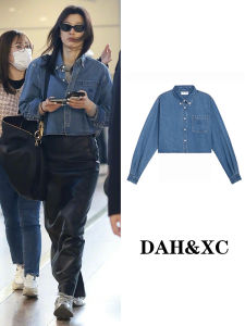 Minimalist Short Denim Shirt Womens Embroidered Pocket Jacket Spring Summer Cotton Pure Color Commute Style POLO Collar Long Sleeve