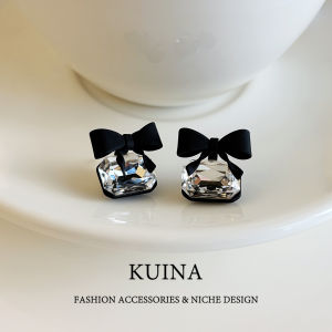 kuina | Black Bow Crystal Earrings Silver Pin